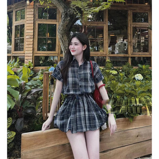 (T’achi) Đầm caro sơ mi line bí dây belt cột eo