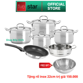 Bộ nồi chảo Inox 304 cao cấp 3 đáy FiveStar Plus nắp inox size 16cm,18cm,20cm,24cm, chảo chống dính 24cm, xửng 24cm