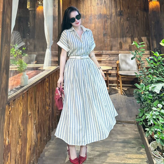 Set Bộ Đi Chơi Áo Kaki Cổ Sơ Mi Mix Chân Váy Họa Tiết Sọc Dáng Dài Đi Làm Thanh Lịch