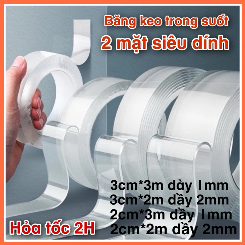 Băng keo trong suốt nano 2mặt siêu dính chất lượng cao. khổ 3cm x 3m và 2cm x 3m