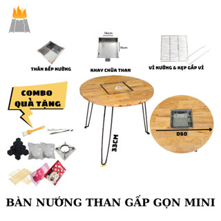 Bàn nướng than gấp gọn tròn 60cm kèm bếp nướng âm bàn,vỉ, âu than tặng kèm than, combo dụng cụ nướng