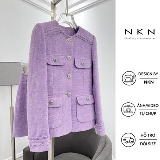 Set dạ tweed, set dạ NKN Amina 4 nắp túi màu tím, thiết kế dáng chiết eo, chất dạ tweed cao cấp