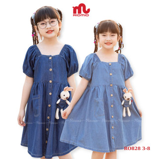 Váy bé gái mùa hè đính thỏ bông RIOMIO size 13-30kg, chất jean USA mềm mát, không phai màu RO828