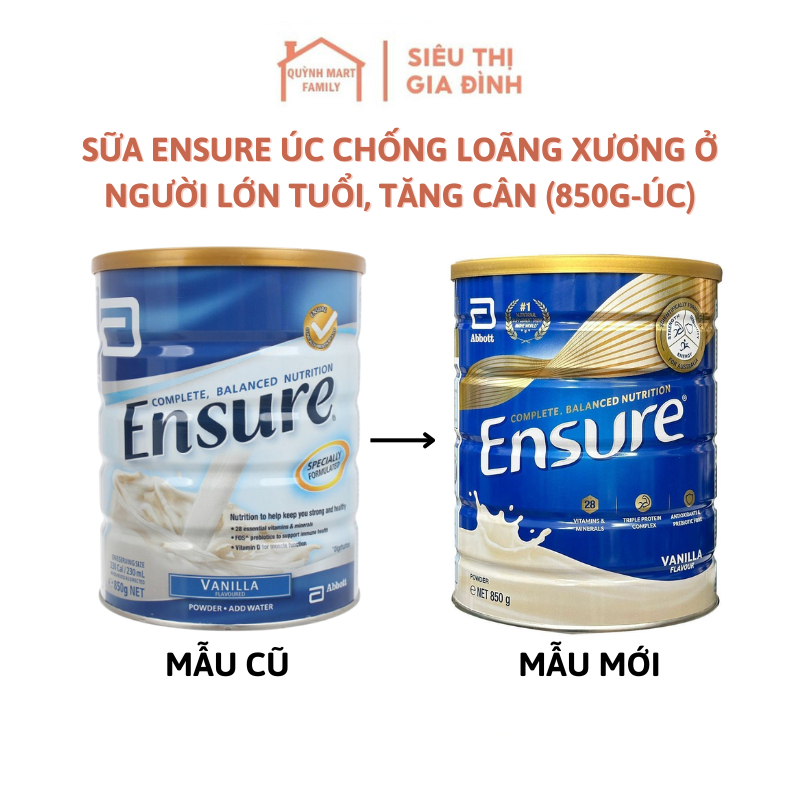 Sữa Ensure Úc chống loãng xương ở người lớn tuổi, sữa bột ensure hỗ trợ tăng cân ở người gầy (850g-Ú