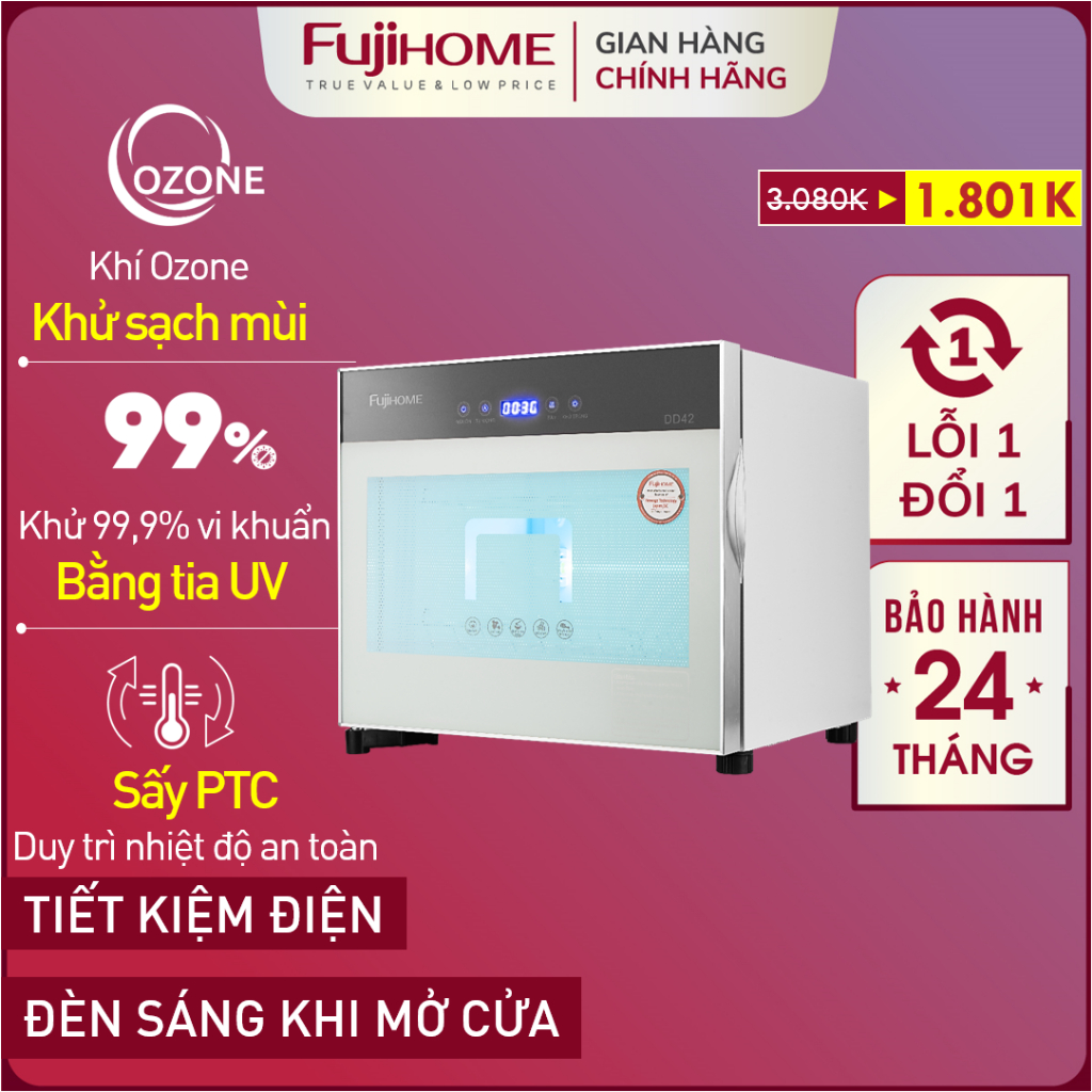 Tủ sấy chén dĩa khử khuẩn UV & Ozone FUJIHOME 42 Lít, Máy sấy khô đựng chén đũa khử trùng bình sữa