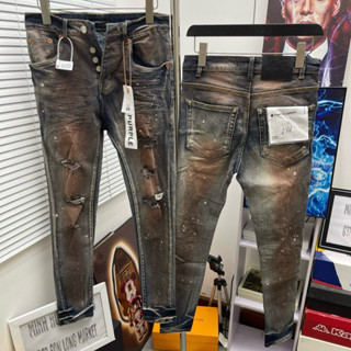Quần jean bò nam Purple skinny wash xanh nâu bụi rách tua vảy sơn dập nhăn 3D mác lụa boy phố