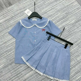 Set váy cổ sen viền ren trắng nơ đỏ mix chân váy xòe