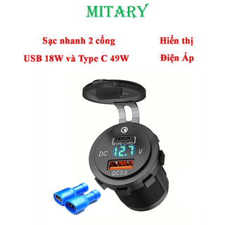 Tẩu sạc nhanh gắn trên XE MÁY, Ô TÔ 2 cổng  USB Type C chống nước chống bụi có đèn LED hiển thị báo điện áp -MTR010