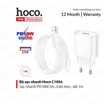Bộ sạc nhanh Hoco C109A PD18W USB to IP dài 100cm, chân tròn dùng cho 6/7/8/10/11/12/13/14, dây sạc siêu bền (CHÂN TRÒN)