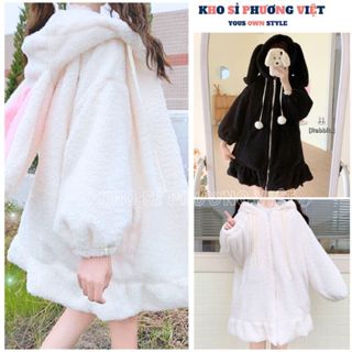  Váy ngủ lông tai thỏ ấm áp có mũ trùm đầu dễ thương Áo khoác lông mượt mà 2 màu xinh xắn - KHOSI 