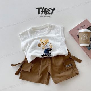  Set tanktop gấu lướt ván chất liệu áo vải cotton xước mềm thoáng mát phối quần kaki cho bé từ 9-30kg 24B0109