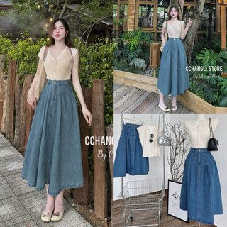 Set áo thun trắng cổ tròn chân váy midi jean kèm nịt