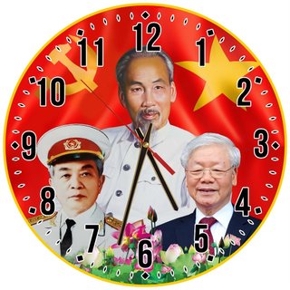 Tranh Bác Hồ, Bác Giáp, Bác Trọng gắn đồng hồ, dáng tròn, chất liệu gỗ in tráng gương bọc viền