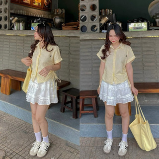 Áo sơ mi rút dây trơn thêu logo