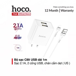 Bộ sạc Hoco C89 USB to LN dùng cho ip7/8/X/11/12 2 cổng USB, sạc nhanh 2.1A, chân cắm US, dây dài 1m