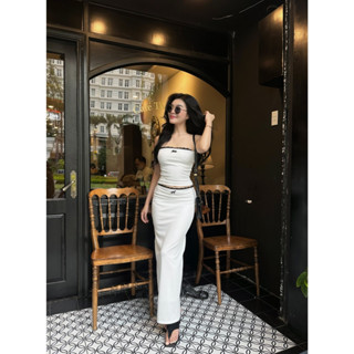  M951 - Set áo cúp ngực viền ren phối chân váy midi dài chouchou 