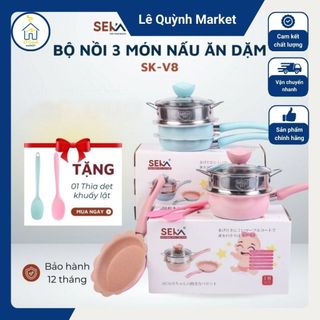 Bộ Nồi Chảo Cho Bé Ăn Dặm SEKA, Nồi Chảo Nấu Quấy Hình Hoa Men Đá Chống Dính Kèm Xửng Hấp - Lê Quỳnh Market
