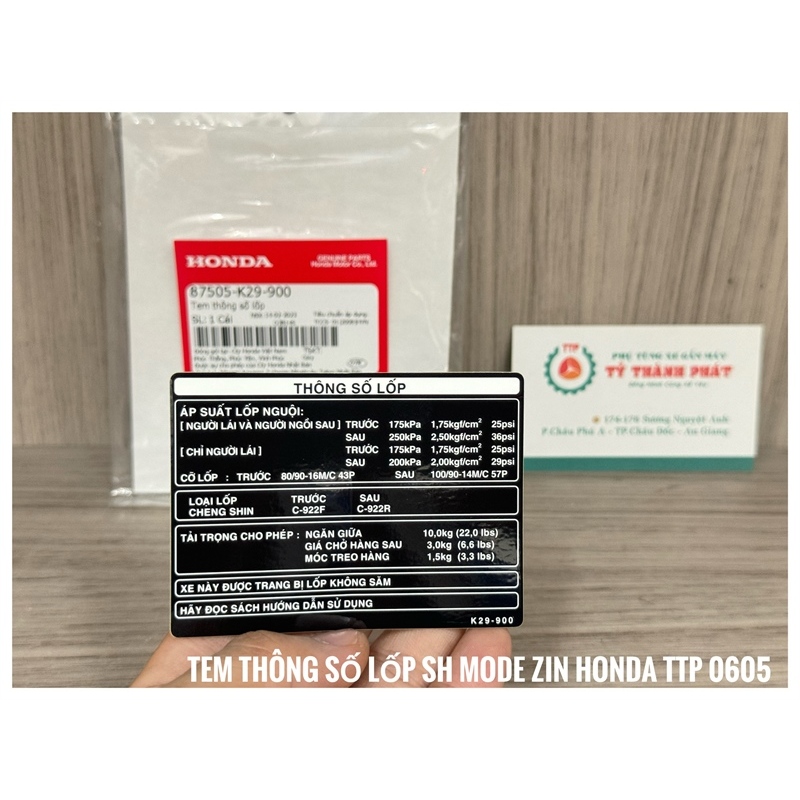 Tem thông số lốp SH Mode ( 1 miếng )