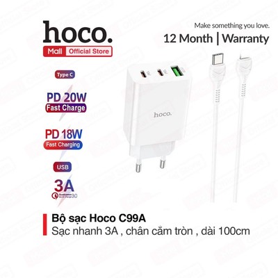 Bộ sạc nhanh Hoco C99A 3 cổng Type-C 20W + Type-C 18W+USB Q.C3.0 kèm cáp sạc Type-C dùng cho ip7/8/X/11/12 dài1m