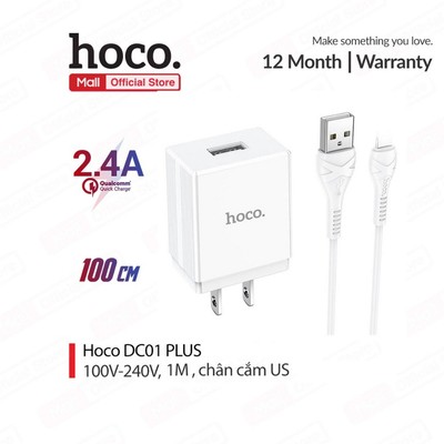 [Mã ELBAU5 giảm 5% đơn 300K] Bộ sạc 2.4A Hoco DC01 Plus chân dẹt có 1 cổng USB kèm dây sạc dài 1M cho Smartphone