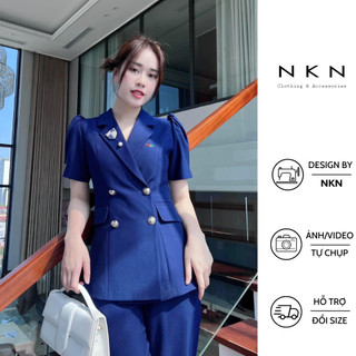 Áo vest nữ, vest ngắn tay NKN Kara màu xanh navy, thiết kế chiết eo, tay bồng, chất liệu cao cấp.