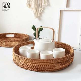 Khay Mây Tròn ECOHUB Có Tay Cầm, Khay Trà Đựng Bánh, trang trí decor phòng khách chill (2 size)