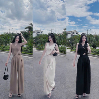 Sét áo kiểu croptop nút cổ tim sát nách phối quần suông mẫu mới hottren sang chảnh