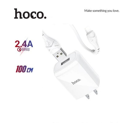 Bộ sạc 2.4A Hoco DC13 USB to IP dùng cho ip7/8/X/11/12 chân cắm US chất liệu chống cháy cao cấp dài 1M