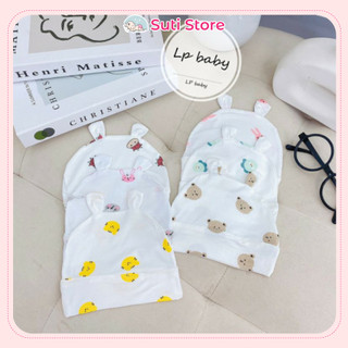 Mũ petti thun lạnh trắng hoạ tiết mềm mịn cho bé sơ sinh