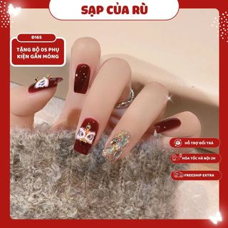   Đ165  Móng tay giả NGẮN - ĐẦU LÂN chơi Noel - form vuông màu đỏ charm,làm nail tại nhà 