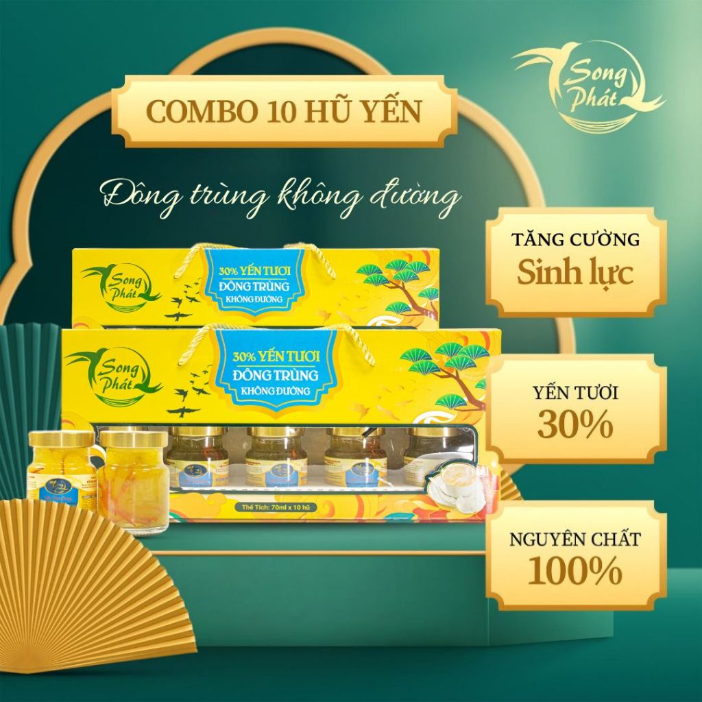 [Tặng 2 hũ] Hộp Quà 10 hũ yến chưng đông trùng hạ thảo không đường Song Phát hỗ trợ đề kháng bổ sung dinh dưỡng