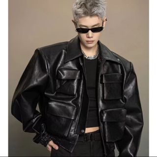 Áo Khoác Da Nam Kiểu Dáng Boxy Thiết Kế Túi Thời Trang Phong Cách Hàn Quốc