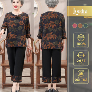 Bộ đồ lụa trung niên mặc nhà cho mẹ Loudra Fashion mềm mại hoạ tiết sang trọng cộc tay quần dài B32