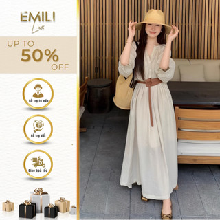 Đầm xòe dáng dài tay bồng Emili đầm dài tay phối đai phong cách kiểu nữ