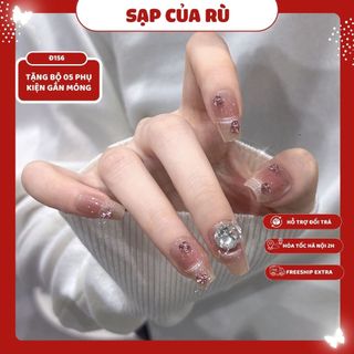 [Đ156] Móng tay giả NGẮN form thang sơn gel mắt mèo charm đá hồng bộ 24 móng làm nail tại nhà