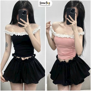 Áo Croptop Trễ Vai Tay Bèo Ôm Body Xinh Xắn