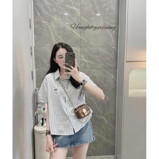 Áo sơ mi nữ cộc tay thiết kế kẻ sọc thêu nơ basic 3M đều xinh vải cotton mềm nhẹ thấm hút tốt new 2024 HCOM2677
