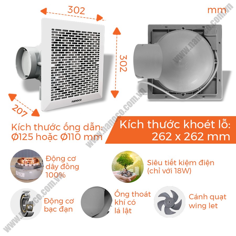 Quạt hút âm trần có ống dẫn Nanoco NCV2020-C