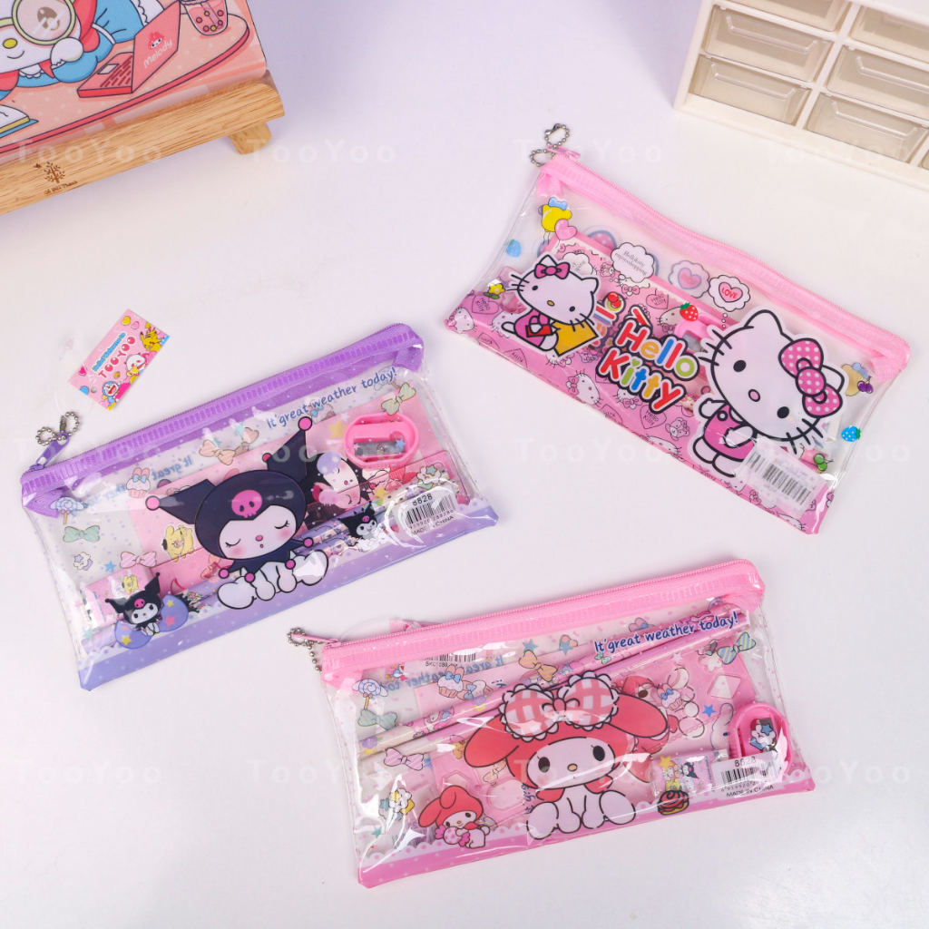 Bóp viết trong suốt kèm đồ dùng học tập Kuromi, Melody, Hello Kitty Sanrio dễ thương cute TooYoo BK0