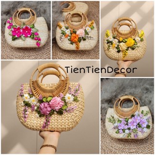 Túi cói lục bình handmade bầu quai mặt trăng HÀNG LOẠI 1 CAO CẤP thêu hoa ruy băng