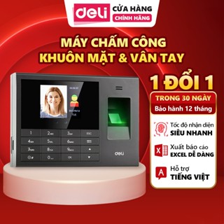 (VOUCHER 80K) Máy Chấm Công DELI Máy Quét Vân Tay Và Nhận Dạng Khuôn Mặt - Hỗ Trợ Tiếng Việt, Báo Cáo Excel