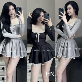 Set bộ áo u tay dài viền ren croptop nón + chân váy xếp ly xoè có lót quần