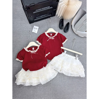 Bộ áo thun cotton nơ đỏ viền ren mềm và chân váy voan nơ 4 tầng dáng xoè cho bé gái siêu dễ thương