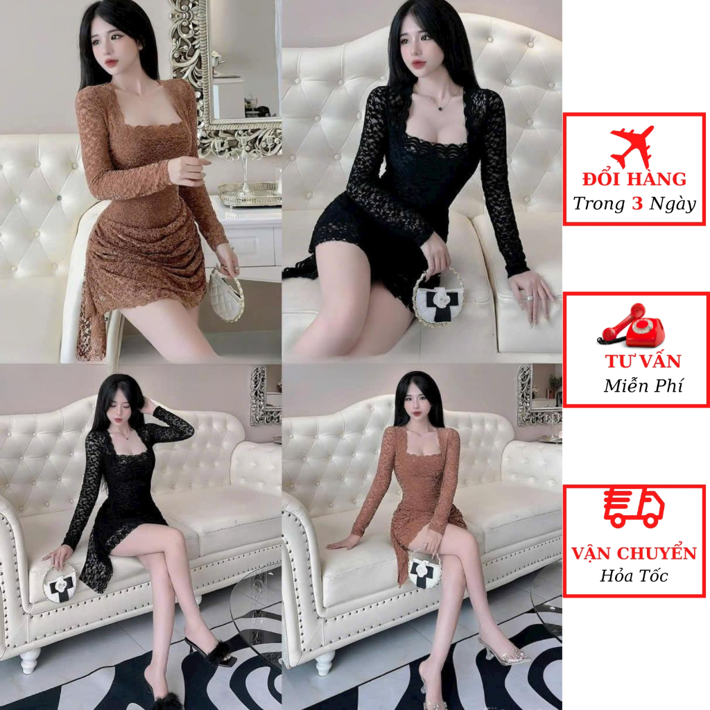 Đầm body ren hoa nữ tay dài nhún eo dáng ngắn sexy đi tiệc cưới