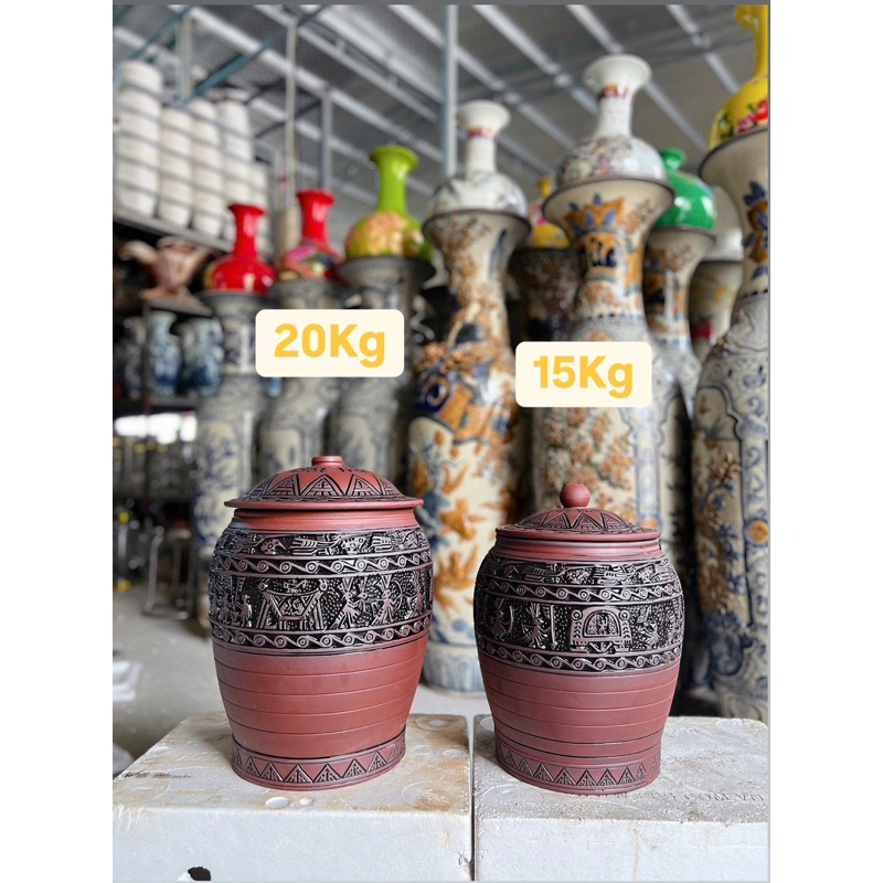 [Hũ, Vò] Chum đựng gạo Họa tiết Trống Đồng 15kg, 20kg Chuẩn hàng chính hãng Bát Tràng cao cấp