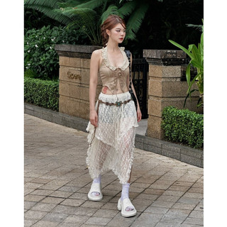 Áo nâu đan dây cột cổ phối ren