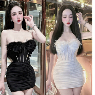 Váy body ngắn cao cấp kết đá phối lông ảnh chính chủ r1