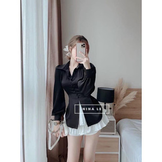 Áo sơ mi lụa khuy bọc buộc eo