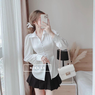 Áo sơ mi lụa khuy bọc buộc eo