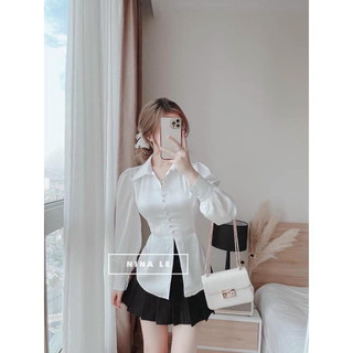 Áo sơ mi lụa khuy bọc buộc eo